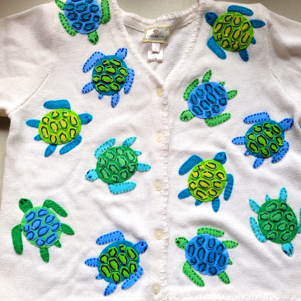 100% Cotton Susan Bristol Felt Beaded Sea Turtles White 1999 Y2K Sweater Top - Picture 3 of 6